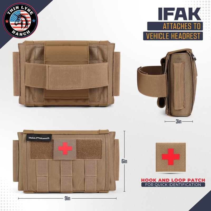 Thinlyneranch Rip Away IFAK Pouch - Tactical Vehicle Headrest Trauma Kit for First Responders - Molle Pouch with Tourniquet Holder - Essential First Aid for Outdoors - Durable Rip Away Design (Tan)
