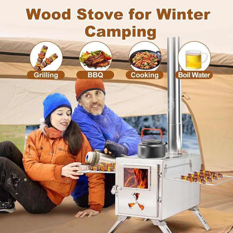 Docred Wood Burning Stove, Hot Tent Stove with 7 Stainless Chimney Pipes and Anti-Spark, Large Sauna Heater, Portable Camping Wood Stove for Outdoor Heating, Cooking, Ice Fishing, Hunting