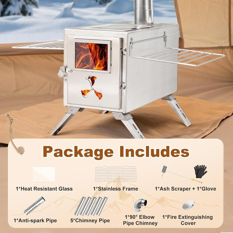 Docred Wood Burning Stove, Hot Tent Stove with 7 Stainless Chimney Pipes and Anti-Spark, Large Sauna Heater, Portable Camping Wood Stove for Outdoor Heating, Cooking, Ice Fishing, Hunting