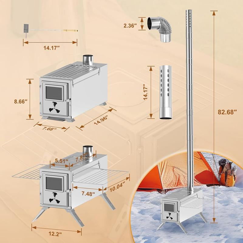 Docred Wood Burning Stove, Hot Tent Stove with 7 Stainless Chimney Pipes and Anti-Spark, Large Sauna Heater, Portable Camping Wood Stove for Outdoor Heating, Cooking, Ice Fishing, Hunting