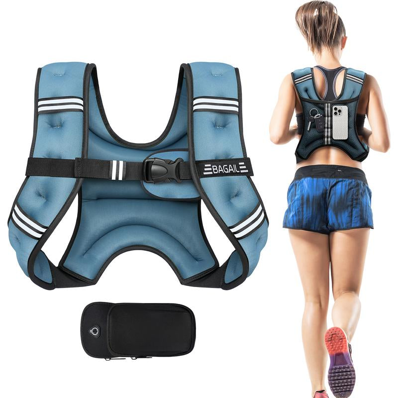 【Fall Deals for You】Bagail Weighted Vest, 5Lbs/8Lbs/10Lbs/12Lbs/15Lbs/20Lbs/25Lbs/30Lbs Weight Vest with Detachable Phone Pouch, Rucking Vest for Women, Men, Walking, Training, Running Glute Workout Equipment Sweat Fitness Belt