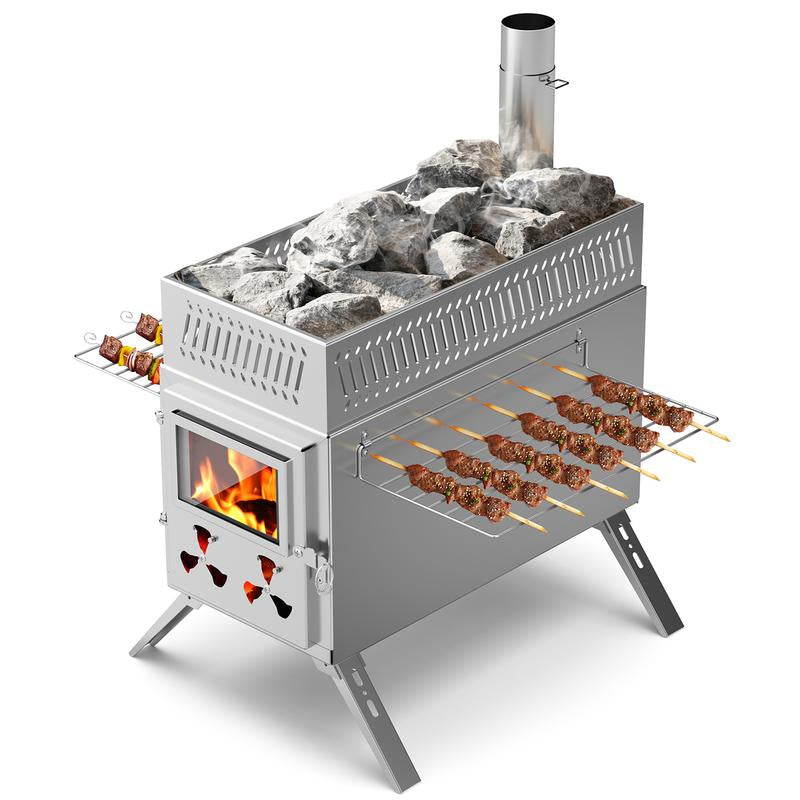 Docred Wood Burning Stove, Hot Tent Stove with 7 Stainless Chimney Pipes and Anti-Spark, Large Sauna Heater, Portable Camping Wood Stove for Outdoor Heating, Cooking, Ice Fishing, Hunting