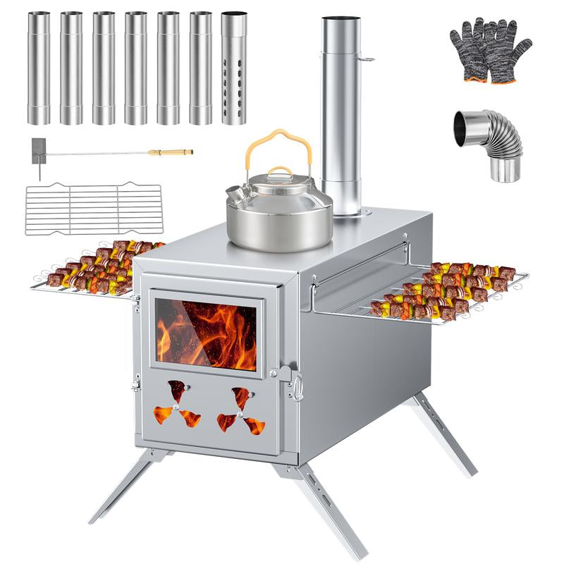 Docred Wood Burning Stove, Hot Tent Stove with 7 Stainless Chimney Pipes and Anti-Spark, Large Sauna Heater, Portable Camping Wood Stove for Outdoor Heating, Cooking, Ice Fishing, Hunting