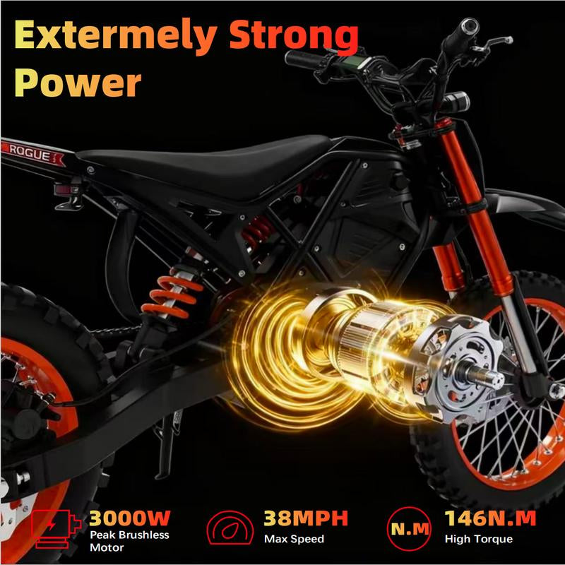 AOEEI Youth & Adult Electric Bike 3000W Peak Power Mid-Mount Motor 48V 23Ah Battery 38MPH Speed 14''/12'' Wheels 40 Miles Range Manufacturer Warranty Bike with Long Range Dirt