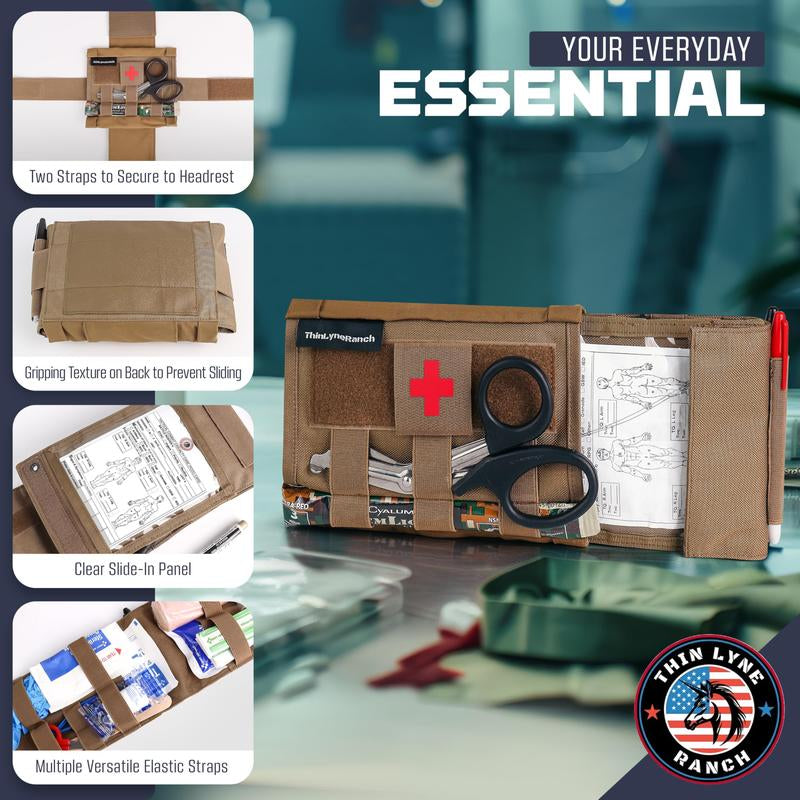 Thinlyneranch Rip Away IFAK Pouch - Tactical Vehicle Headrest Trauma Kit for First Responders - Molle Pouch with Tourniquet Holder - Essential First Aid for Outdoors - Durable Rip Away Design (Tan)