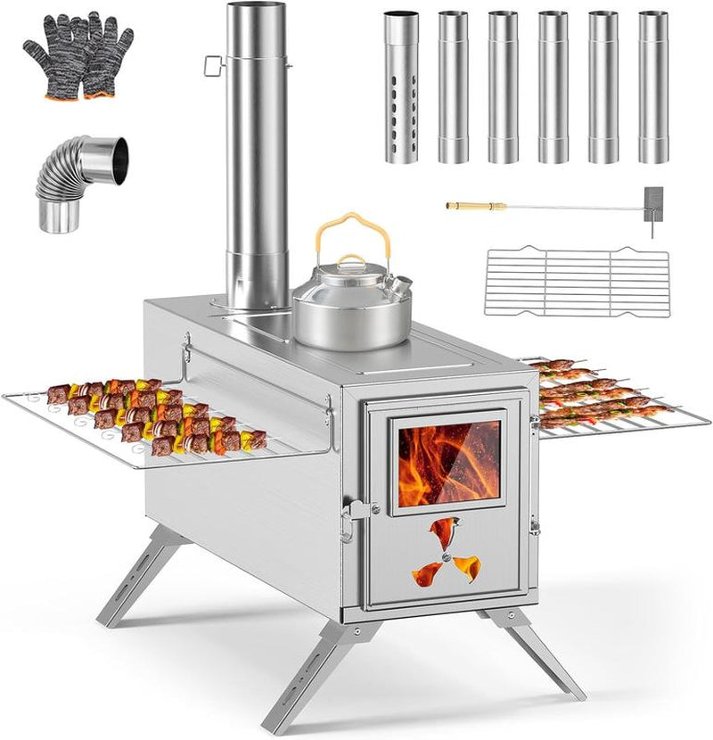 Docred Wood Burning Stove, Hot Tent Stove with 7 Stainless Chimney Pipes and Anti-Spark, Large Sauna Heater, Portable Camping Wood Stove for Outdoor Heating, Cooking, Ice Fishing, Hunting