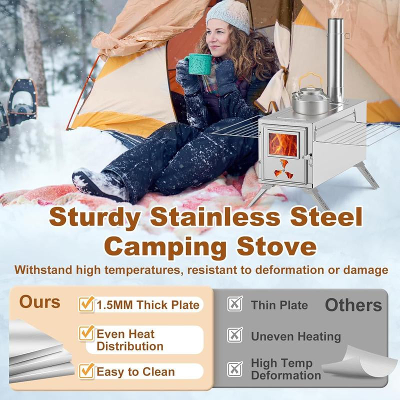 Docred Wood Burning Stove, Hot Tent Stove with 7 Stainless Chimney Pipes and Anti-Spark, Large Sauna Heater, Portable Camping Wood Stove for Outdoor Heating, Cooking, Ice Fishing, Hunting