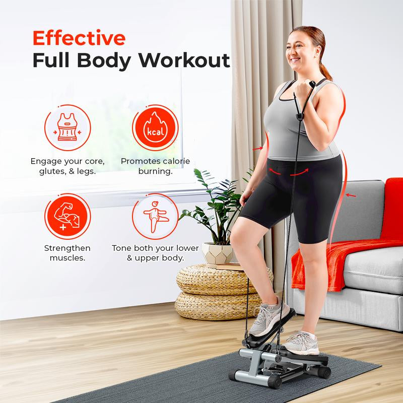 Mini Stepper W/ Resistance Bands - Compact Home Cardio Work Out Machine, Max 300 LBS Capacity, Stair Stepper, Squat Trainer, Leg Thigh Toner, Portable Quiet Elliptical Fitness Equipment Exercise Workout for Home Gym, Full Body Rehabilitation Calorie Burn