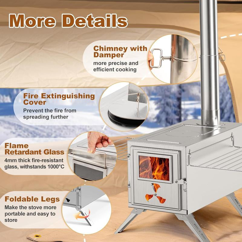 Docred Wood Burning Stove, Hot Tent Stove with 7 Stainless Chimney Pipes and Anti-Spark, Large Sauna Heater, Portable Camping Wood Stove for Outdoor Heating, Cooking, Ice Fishing, Hunting