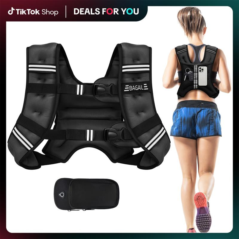 【Fall Deals for You】Bagail Weighted Vest, 5Lbs/8Lbs/10Lbs/12Lbs/15Lbs/20Lbs/25Lbs/30Lbs Weight Vest with Detachable Phone Pouch, Rucking Vest for Women, Men, Walking, Training, Running Glute Workout Equipment Sweat Fitness Belt
