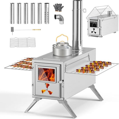 Docred Wood Burning Stove, Hot Tent Stove with 7 Stainless Chimney Pipes and Anti-Spark, Large Sauna Heater, Portable Camping Wood Stove for Outdoor Heating, Cooking, Ice Fishing, Hunting