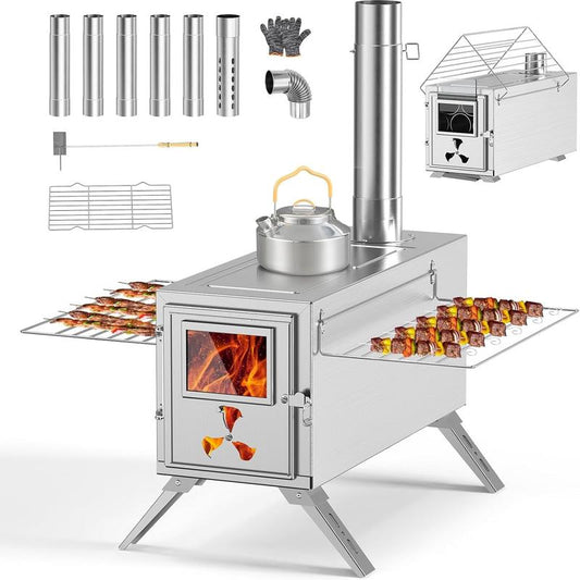 Docred Wood Burning Stove, Hot Tent Stove with 7 Stainless Chimney Pipes and Anti-Spark, Large Sauna Heater, Portable Camping Wood Stove for Outdoor Heating, Cooking, Ice Fishing, Hunting