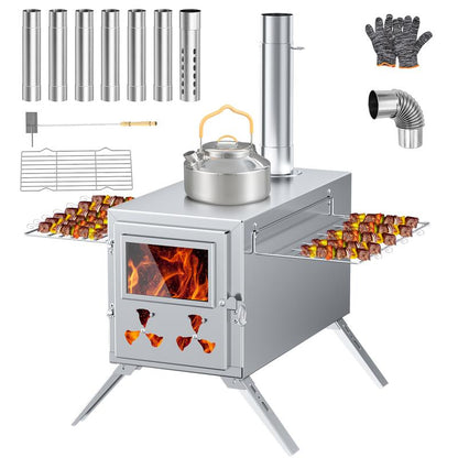 Docred Wood Burning Stove, Hot Tent Stove with 7 Stainless Chimney Pipes and Anti-Spark, Large Sauna Heater, Portable Camping Wood Stove for Outdoor Heating, Cooking, Ice Fishing, Hunting