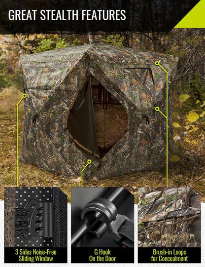 TIDEWE Hunting Blind 270°See through with Carrying Bag, 1-2& 2-3& 3-4 Person Pop up Ground Blinds, Portable Resilient Hunting Tent (Camouflage)