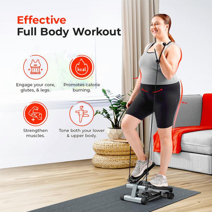 Mini Stepper W/ Resistance Bands - Compact Home Cardio Work Out Machine, Max 300 LBS Capacity, Stair Stepper, Squat Trainer, Leg Thigh Toner, Portable Quiet Elliptical Fitness Equipment Exercise Workout for Home Gym, Full Body Rehabilitation Calorie Burn