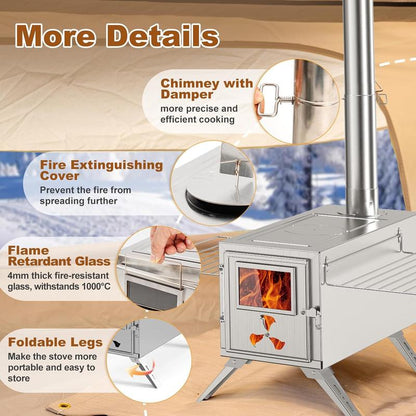 Docred Wood Burning Stove, Hot Tent Stove with 7 Stainless Chimney Pipes and Anti-Spark, Large Sauna Heater, Portable Camping Wood Stove for Outdoor Heating, Cooking, Ice Fishing, Hunting